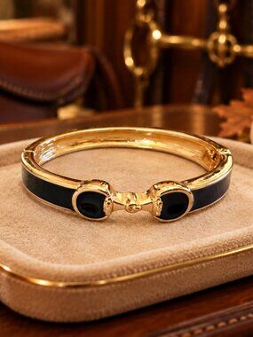 Black Enamel Horse Bit Bracelet, Gold Equestrian Bangle, Snaffle Bit Bracelet, H